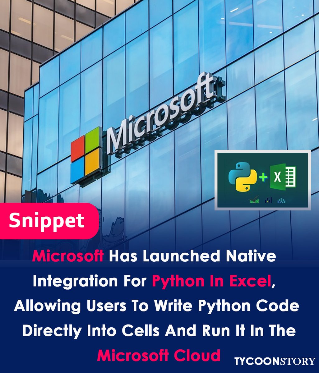 TycoonStoryCo's tweet image. Microsoft makes Python available in Excel.
#ExcelPython #MicrosoftPython #PythonIntegration #ExcelCoding #SpreadsheetProgramming #DataAnalysis #ExcelAutomation #PythonExcel #MicrosoftOffice @Microsoft @Python3Coding