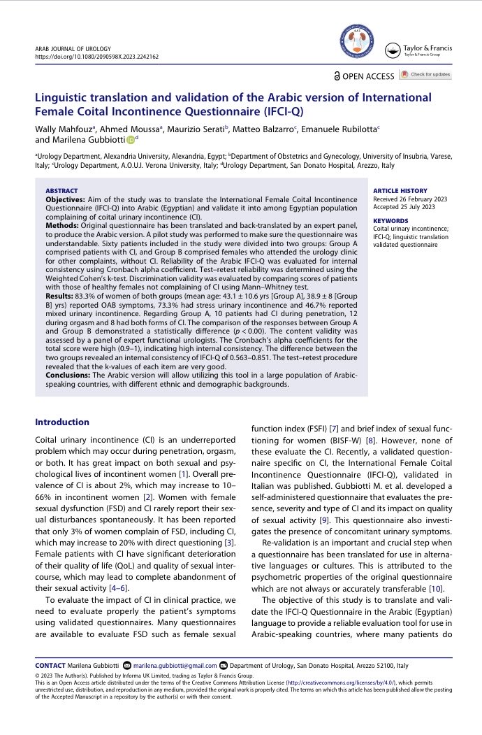 📌The Linguistic Validation of the International Female Coital Incontinence Questionnaire #IFCI-Q in Arabic. #taylor&francis #femalesexualdysfunction #coitalincontinence #arabiclanguage #egyptianlanguage #arabjournal #openaccess ↘️tandfonline.com/doi/full/10.10…