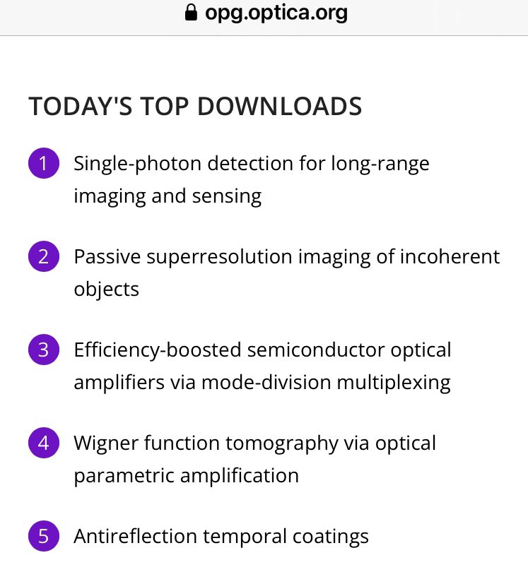 Great to see this major review from the <a href="/SPEXS3/">SPEXS - Single Photons Expanding the Spectrum</a> <a href="/EPSRC/">Engineering and Physical Sciences Research Council</a> programme grant team topping the #OPG_Optica <a href="/OpticaPubsGroup/">Optica Publishing Group</a> downloads - no question #photoncounting #lidar is a hot topic!