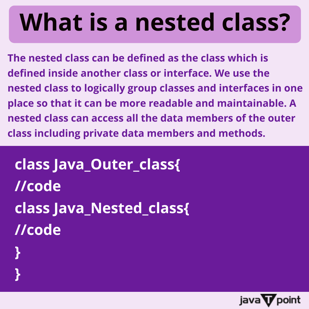 Bhavana83491661's tweet image. What is a nested class?
.
.
.
.
For more questions about Java
bit.ly/3kw8py6
Check the above link
.
.
.
.
#javainnerclass #string #stringbuffer #stringbuilder #trycatch #exception #interface #class #package  #javatpoint
