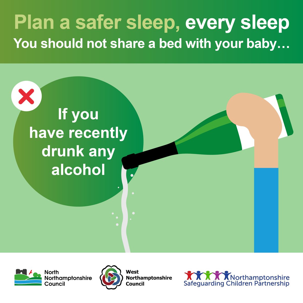 Safer sleep practices prevent sudden & unexpected infant deaths. If you have recently drunk alcohol it's best to put baby in their own clear, flat separate sleep space, ideally a cot or Moses basket in the same room as you. Visit the Lullaby Trust bit.ly/3uMzXkE