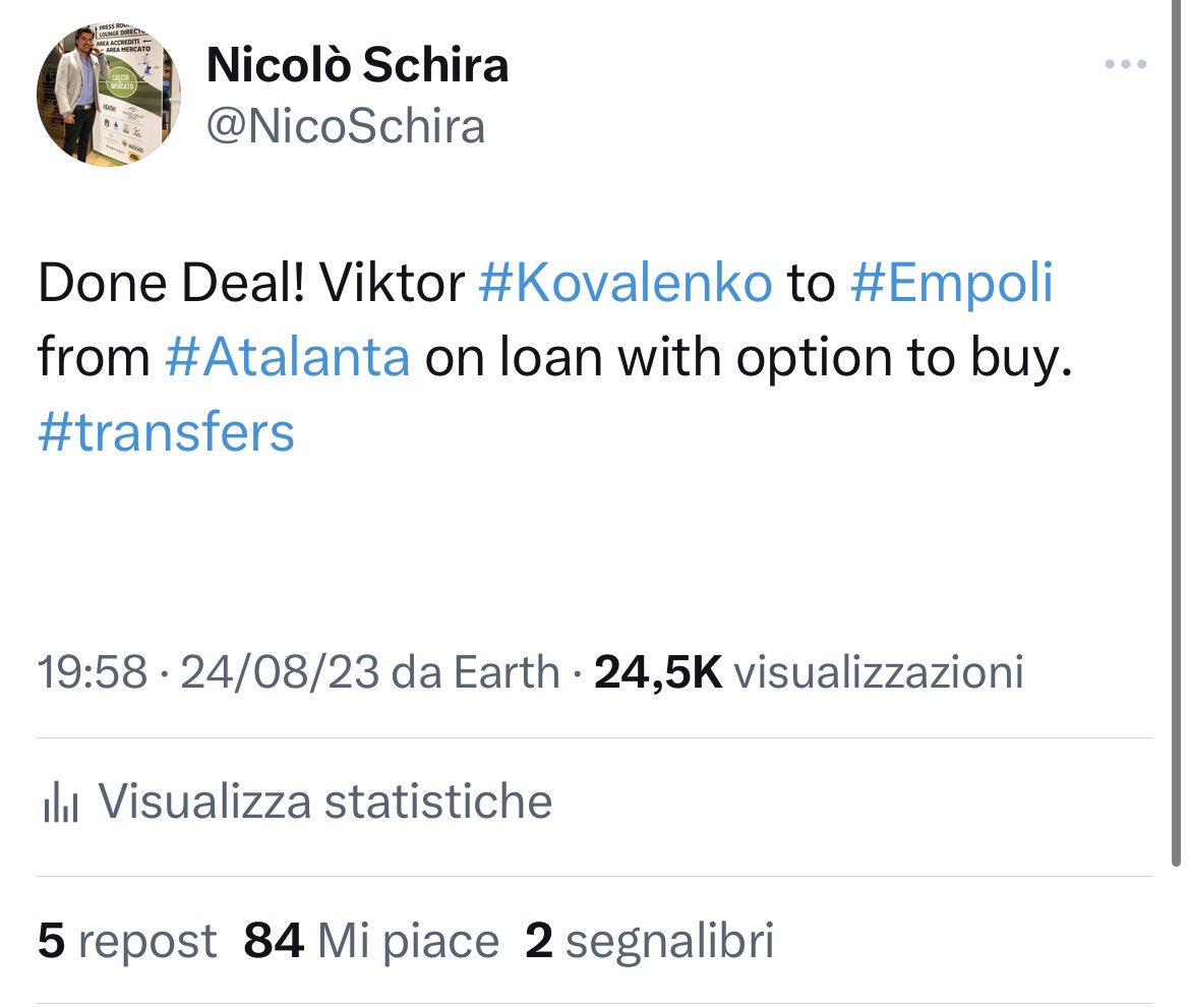 NicoSchira's tweet image. Now it’s official! Viktor #Kovalenko to #Empoli from #Atalanta on loan with option to buy. Confirmed! #transfers