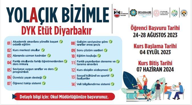 💫YOL🅰️ÇIK BİZİMLE❗️

🏫8,11,12 ve mezun öğrencilerimizi akademik sınavlara hazırlamak,rehberlik ve kitap desteğiyle başarı odaklı bir eğitim için 17 ilçemizde 📚DYK ETÜT DİYARBAKIR kurslarımız başlıyor.

<a href="/tcmeb/">Millî Eğitim Bakanlığı</a> 
<a href="/Yusuf__Tekin/">Yusuf Tekin</a>
<a href="/aliihsansu_/">Ali İhsan Su</a> 
<a href="/Murat4Kucukali/">Murat Küçükali</a>