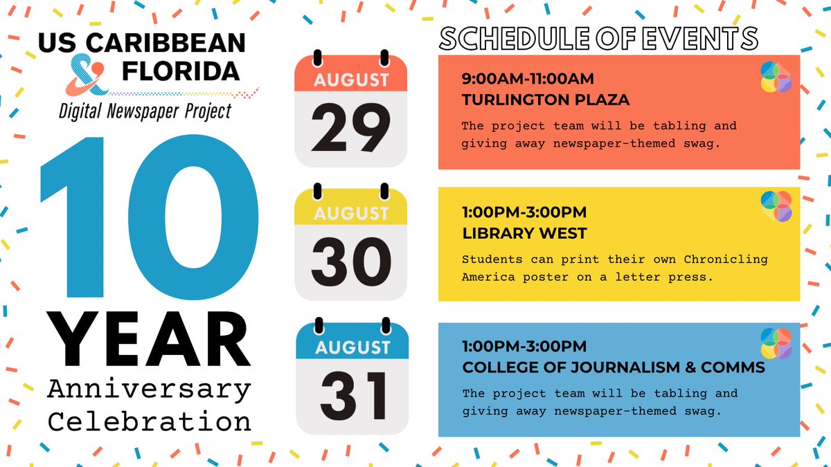 UFNDNP's tweet photo. Join us for the #NDNP 10 Year Anniversary #Celebration!
8/29 9-11am at Turlington Plaza
8/30 1-3pm at Library West
8/31 1-3pm at College of Journalism and Communications
#UF #UFNDNP10 https://t.co/KfP5ZUWhAq