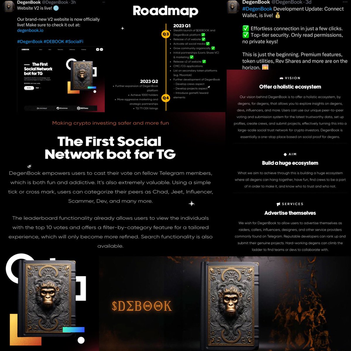 BITCOINTRAPPER's tweet photo. $DEBOOK #DEGENBOOK #DEBOOK
🦍V2 of website now live
🦍Wallet connect now live (no pvt keys)
🦍Roadmap released ⬇️
🦍 Premium features incoming
🦍Revenue share incoming
🔗🌎 https://t.co/i7wtxjUC1o https://t.co/hdGktPvXsb