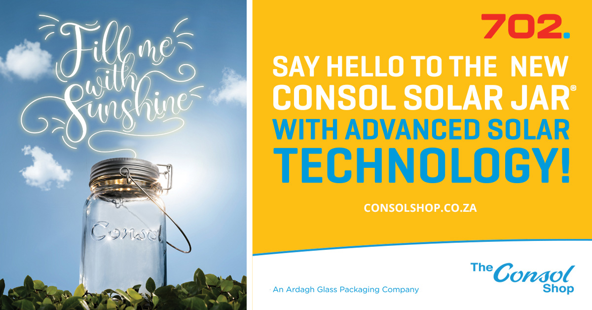 Radio702's tweet photo. Say HELLO to the NEW Consol Solar Jar with advanced solar technology! The New Consol Solar Jar lets you make the world a little brighter.
Get yours now at your nearest Consol Shop or https://t.co/lPArGUtnnK.
#FillMeWithSunshine #NewConsolSolarJar
#Sustainable #Sponsored https://t.co/xXEUCwDyyq