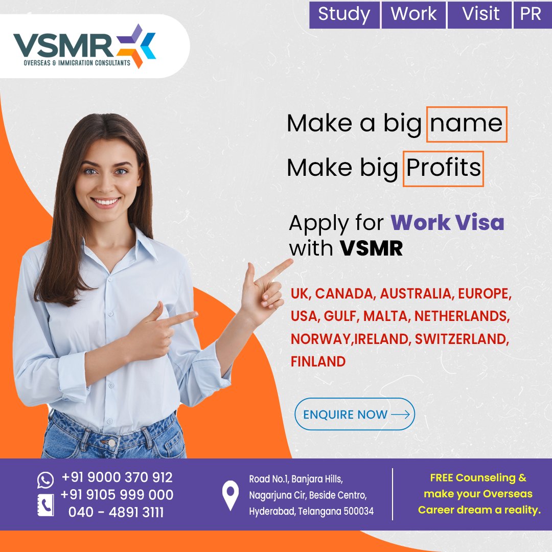 Ready to make your mark and increase profits? Apply for a work visa with VSMR Visa Consultancy, your partner in achieving big dreams.
Call us 
Dial : 040-4891 3111
Call : +91 9000 370 912
What's Up : +91 9105 999 000
Email : info@vsmrvisas.com
#workvisasuccess #bigdreams #vsmr