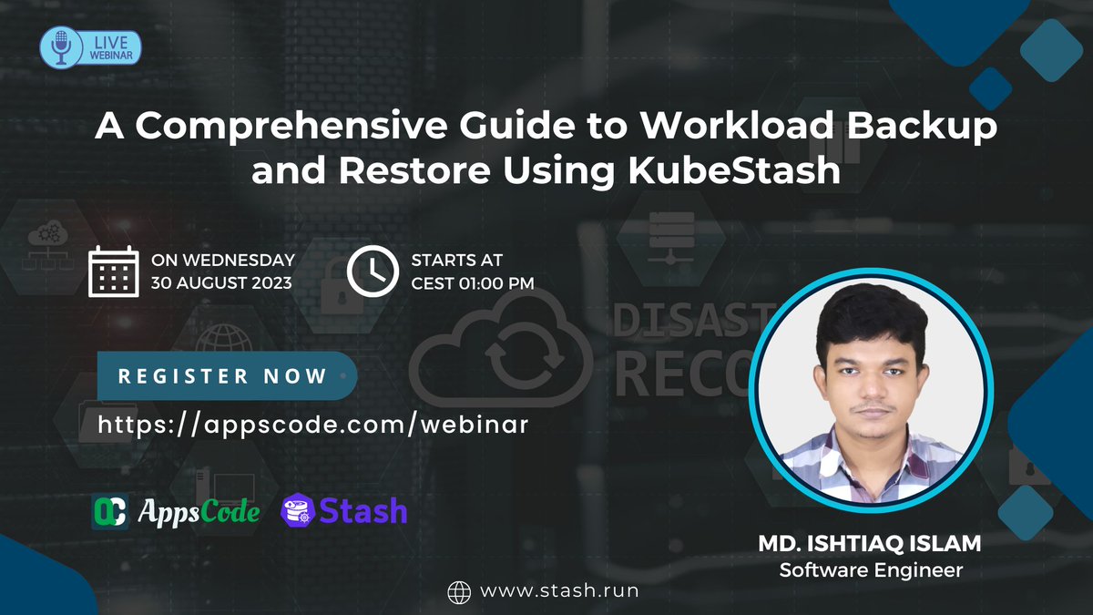 KubeStash's tweet photo. We have a new webinar coming up. The webinar is titled "A Comprehensive Guide to Workload Backup and Restore Using KubeStash"
Date & Time: August 30, 2023, 01:00 PM CEST
Register here: https://t.co/aod6zcdbiu
#KubeStash #KubernetesDisasterRecovery #KubernetesBackupRestore https://t.co/Hqfkh0Je5n