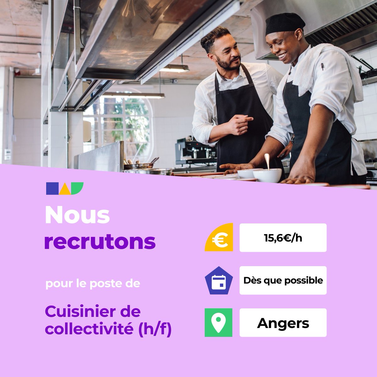 🛎️ Nouvelle offre d'emploi : Cuisinier de collectivité (h/f) 🌎 Angers (49000) 📅 Démarrage dans les 7 prochains jours 👉 Plus d'infos : jobs.iziwork.com/fr/offre-emplo… #recrutement #intérim #emploi #OffreEmploi #job #iziwork