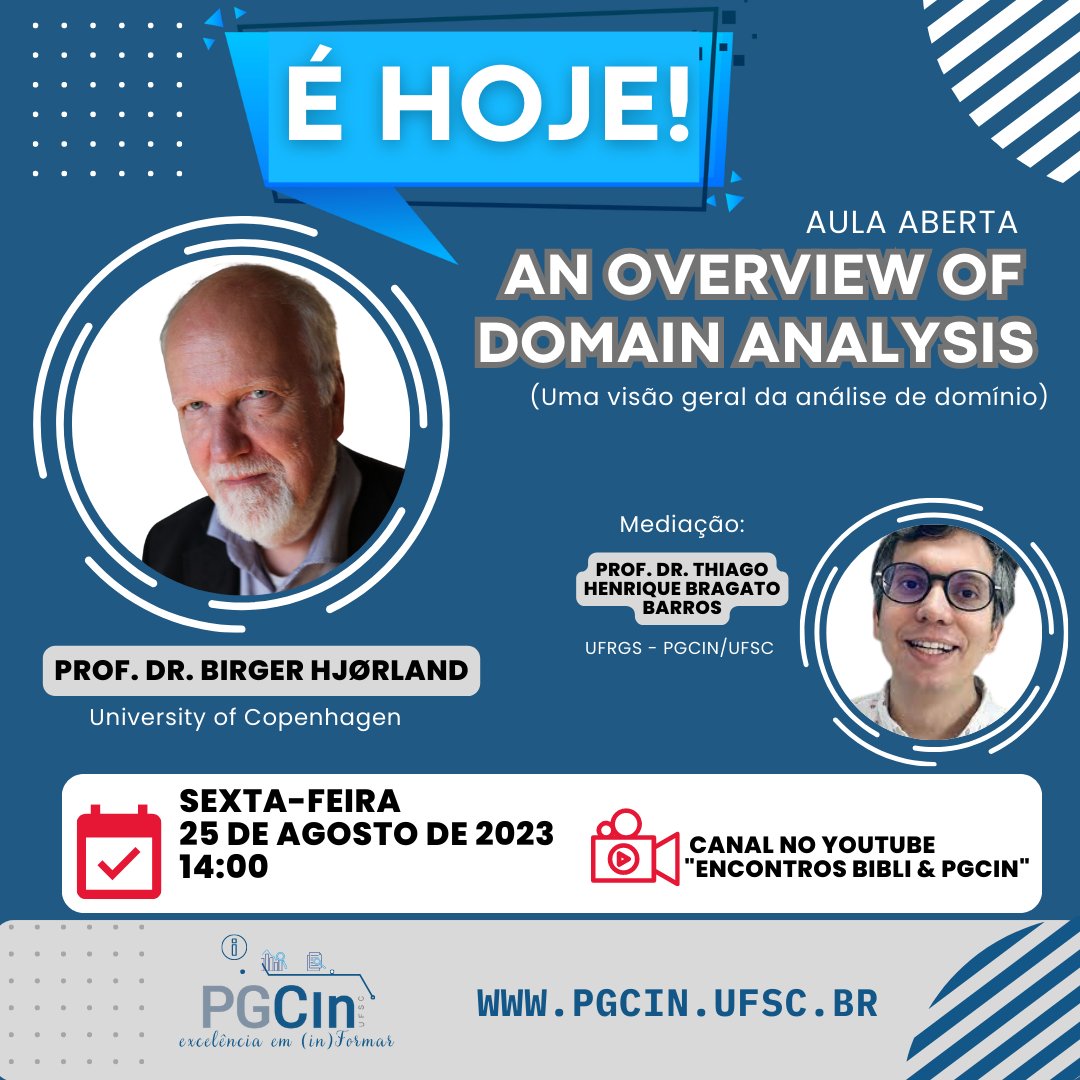 EncontrosBibli's tweet image. 📣✏️É HOJE!!!
Aula Aberta: An Overview of Domain Analysis (Uma visão geral da análise de domínio)🤩

🗓Quando? (HOJE) 25/08/2023
⏰️Horário? 14h
📍Local? Canal no YouTube Encontros Bibli &amp;amp; PGCIN
youtube.com/live/go_Rty2J6…
📍Com certificado!🤩⭐️

#PGCIN excelência em (in)FORMAR!