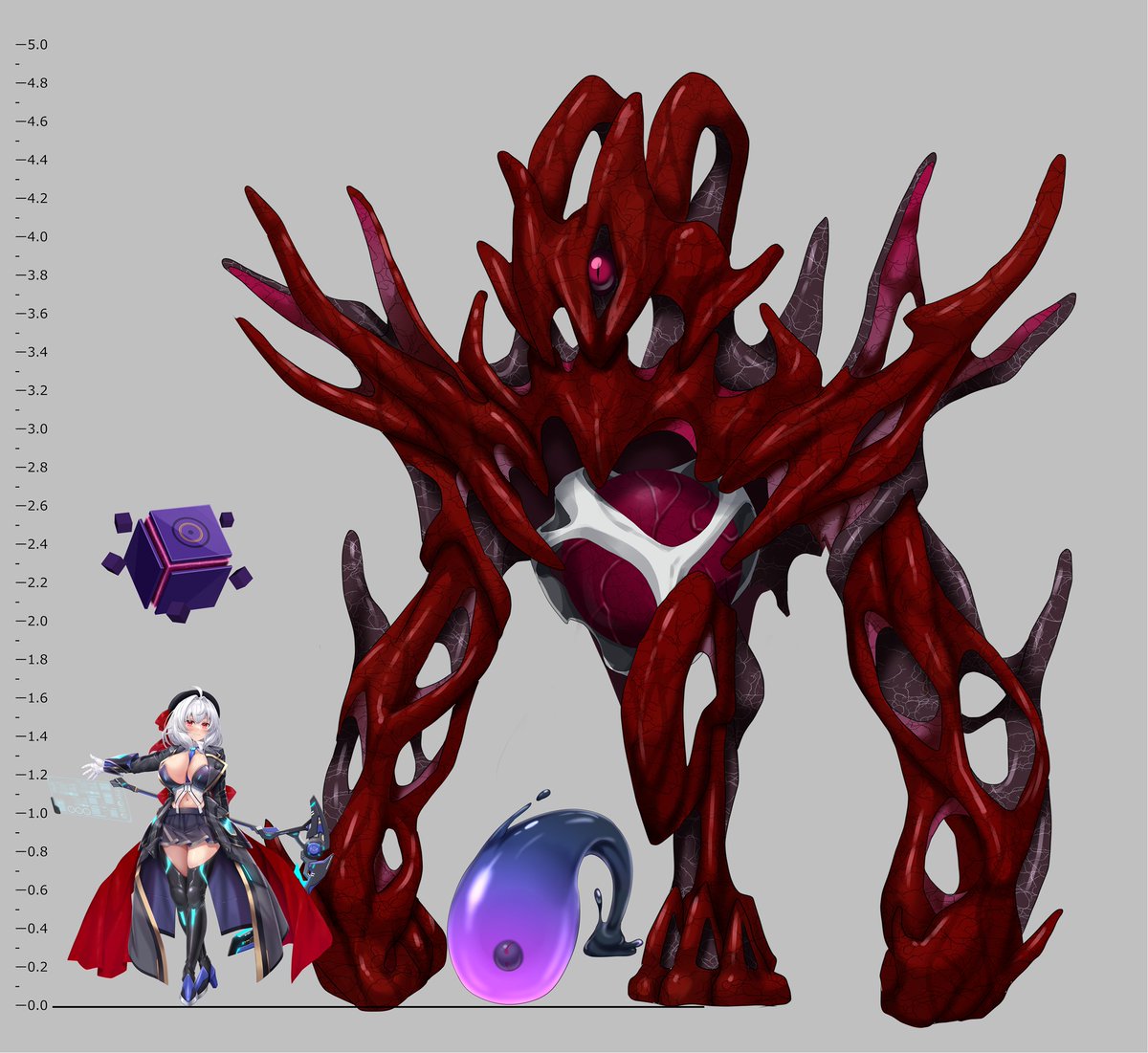 うちの魔法少女の未来さんとうちのアルマキナの魔物を並べただけのサイズ比較画像