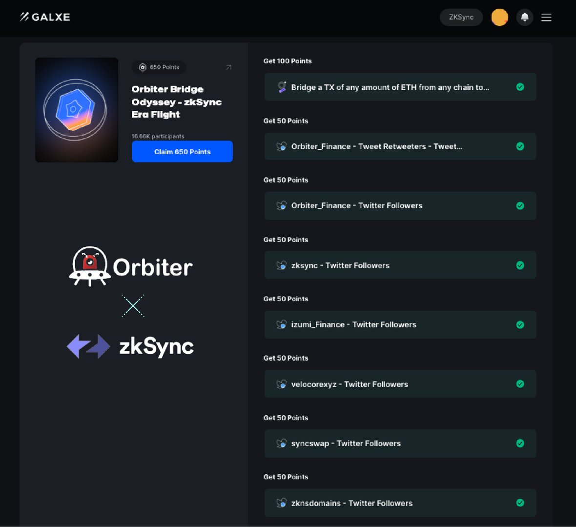 Ethereum Daily (@eth_daily) on Twitter photo Complete "Orbiter Bridge Odyssey - zkSync Era Flight" Quest to 2in1 Airdrop 🪂
✅Total points: 650
• Bridge any amount of $ETH from any chain to <a href="/zksync/">ZKsync (∎, ∆)</a> Era∎ 🌉
note: Bridge at least 0.005 $ETH + gas
• Complete all the social tasks
🔗Claim Galxe: galxe.com/OrbiterFinance… Complete "Orbiter Bridge Odyssey - zkSync Era Flight" Quest to 2in1 Airdrop 🪂
✅Total points: 650
• Bridge any amount of $ETH from any chain to <a href="/zksync/">ZKsync (∎, ∆)</a> Era∎ 🌉
note: Bridge at least 0.005 $ETH + gas
• Complete all the social tasks
🔗Claim Galxe: galxe.com/OrbiterFinance…