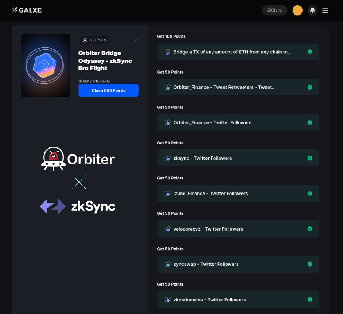 Complete 'Orbiter Bridge Odyssey - zkSync Era Flight' Quest to 2in1 Airdrop 🪂 ✅Total points: 650 • Bridge any amount of $ETH from any chain to @zksync Era∎ 🌉 note: Bridge at least 0.005 $ETH + gas • Complete all the social tasks 🔗Claim Galxe: galxe.com/OrbiterFinance…