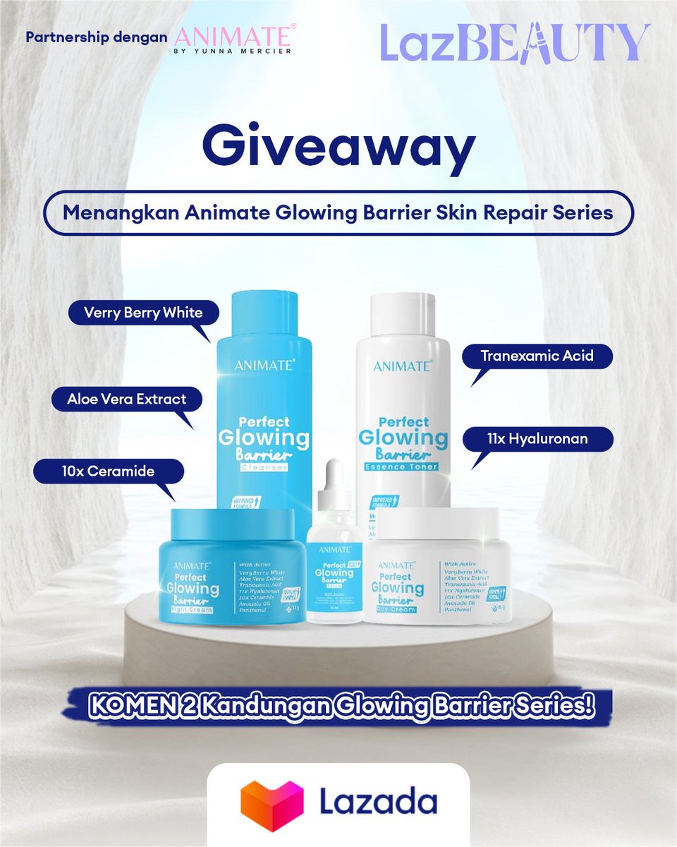 LazadaID's tweet photo. ✨ GIVEAWAY ALERT ✨

MAU ANIMATE GLOWING BARRIER SKIN REPAIR SERIES GRATIS? 

1. Follow @LazadaID &amp; tag 3 teman 
2. RT, Like &amp; komen 2 kandungan Glowing Barrier Series + kenapa kamu harus menang pake hashtag #LazadaGiveaway sebanyak-banyaknya~

Periode: 26 Agustus-1 September https://t.co/Q7vfX4tvf3