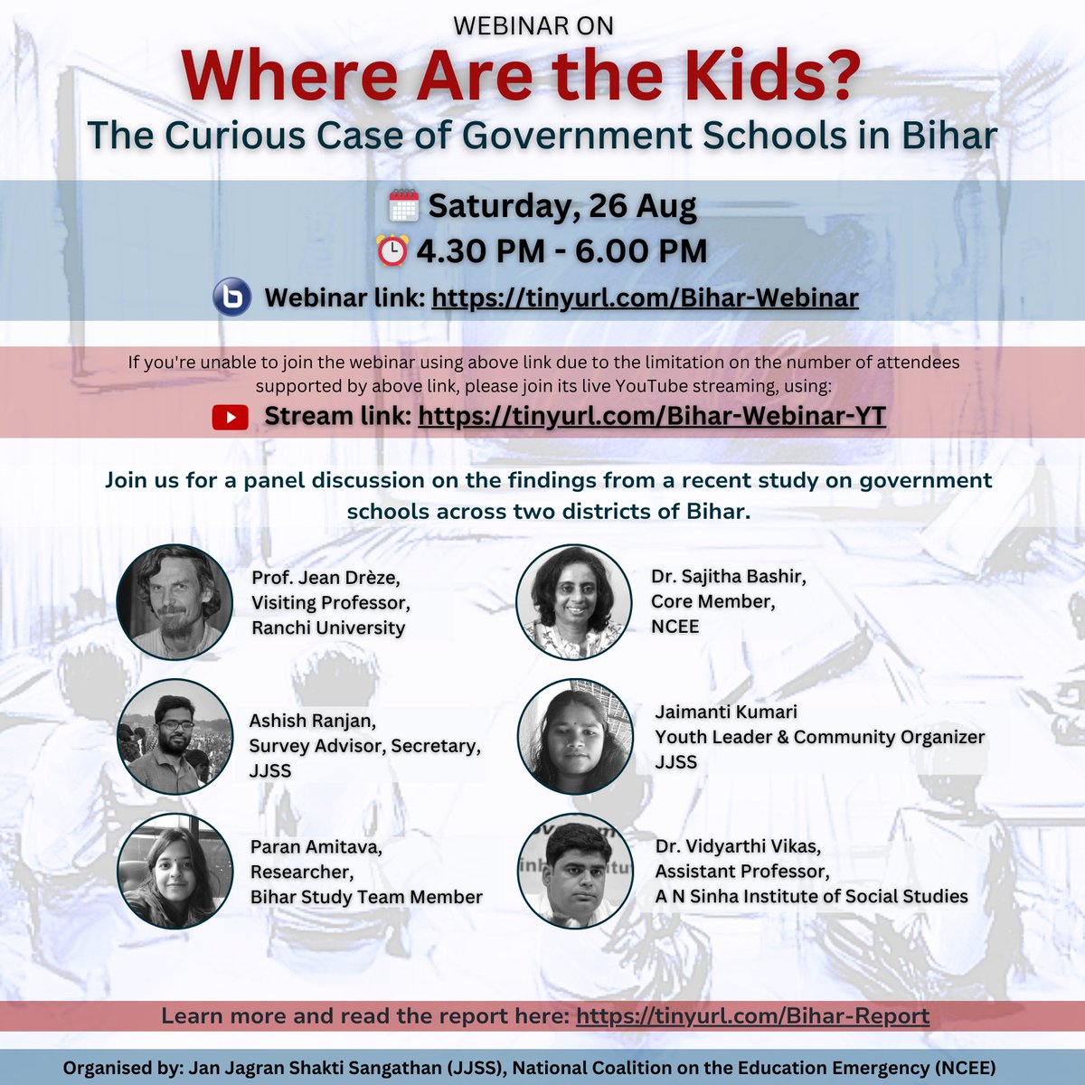 EduEmergency's tweet photo. REMINDER to join our webinar panel discussion "Where Are the Kids?: The Curious Case of Government Schools in Bihar" 

Webinar link: https://t.co/TLHGYlKBCe
YouTube LiveStream link: https://t.co/eZVzIQWuR4

🗓 Saturday, 26 Aug, 2023  
⏰ 4.30 PM - 6.00 PM IST
#WhereAreTheKids https://t.co/L9kC9EmzAM