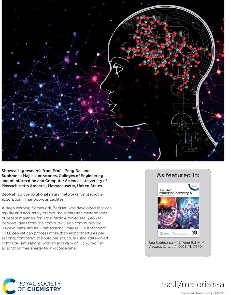 Issue 33 for <a href="/JMaterChem/">J. Mater. Chem. family</a> A inside back cover features:

ZeoNet: 3D convolutional neural networks for predicting adsorption in nanoporous zeolites by Subhransu Maji, Peng Bai et al.

🔗doi.org/10.1039/D3TA01…