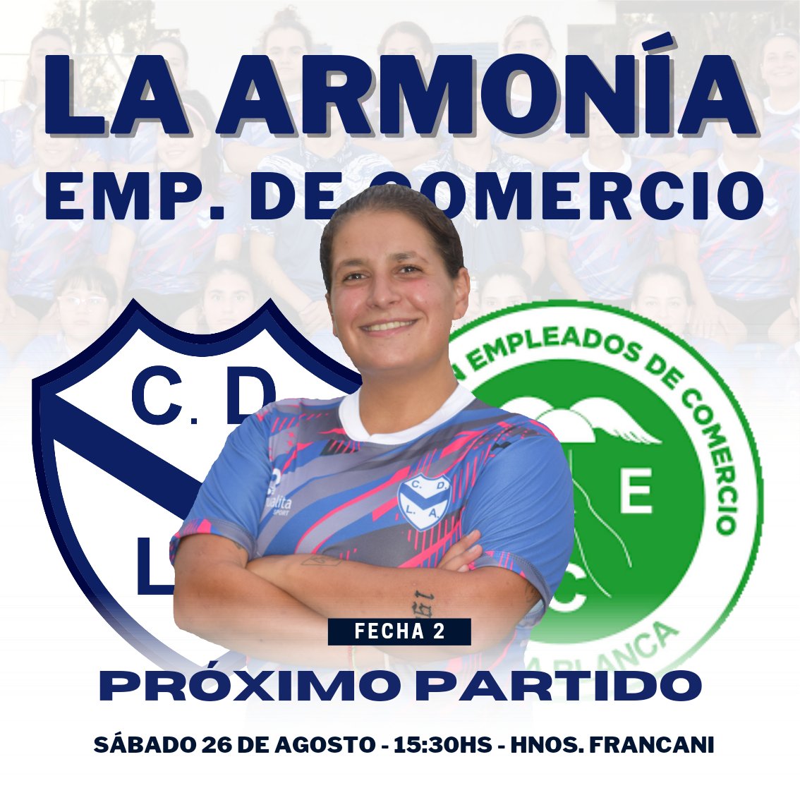 #Femenino ⚽️ | 🏆 ¡𝙋𝙍𝙊𝙓𝙄𝙈𝙊 𝙋𝘼𝙍𝙏𝙄𝘿𝙊! 🥳

🏆 Torneo Clausura - Fecha 2️⃣.
🆚️ La Armonía Vs AEC.
🗓 Sábado 26 de agosto.
🏟 Estadio: Hnos. Francani.
⏱ Hora: 15:30hs.
👨🏻‍⚖️ Árbitro: Juan Bermejo (ABA).
💰 $800.

#𝗦𝗼ñ𝗲𝗺𝗼𝘀𝗝𝘂𝗻𝘁𝗼𝘀 💫
#VamosDepo 💙