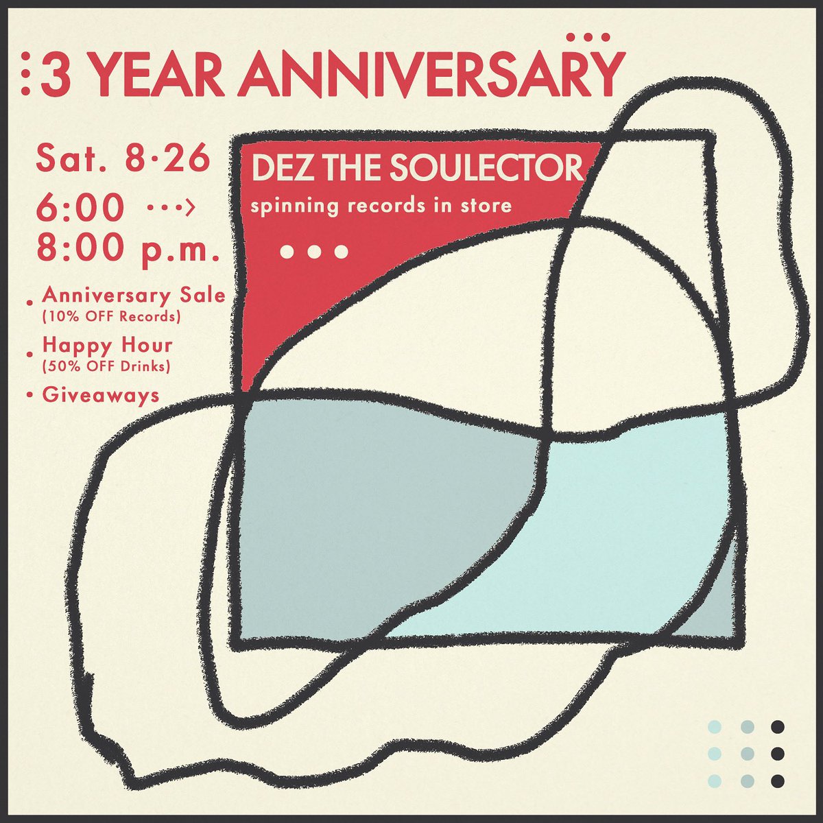 We're throwing a 3rd anniversary happy hour celebration at the shop on Saturday, 8/26, 6-8pm!
Admission is free. We'll be serving half-priced drinks, marking down all records by 10%, giving away cool prizes, and "Dez the Soulector" will be spinning records live in store!