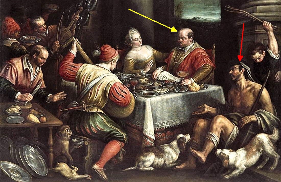 In questa scena di Leandro Bassano si nota uno sfortunato ricco epulone (freccia gialla) costretto a cibarsi di schifezze, mentre Lazzaro (freccia rossa) può assaporare le delizie gourmet a chilometro zero.