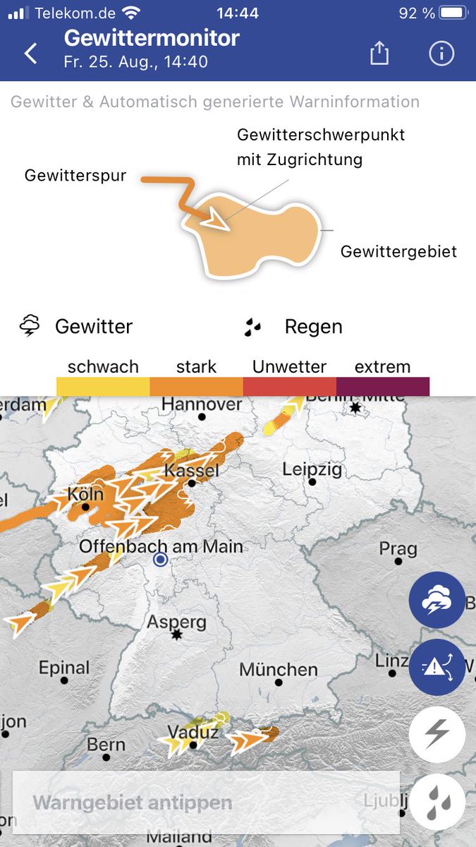 Gewitterlage  mit Gewittermonitor im Blick behalten! Infromieren Sie sich ganz aktuell über die Zugbahn von Gewittern in den kommenden 60 Minuten mit der DWD-#Warnwetter-App. /kis