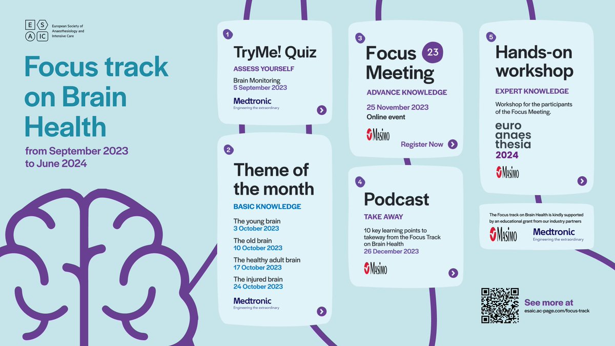 ESAIC_org's tweet photo. 🧠 Dive deep into #BrainHealth with the #ESAIC Focus Track led by top experts. Start with the TryMeQuiz, webinars, podcasts & more! Join us on Sept 05 for the opening quiz on Brain Monitoring.
https://t.co/CLCeiOsRek
#BrainHealth #Neuroanaesthesiology #FocusTrack https://t.co/cITpQCfScY