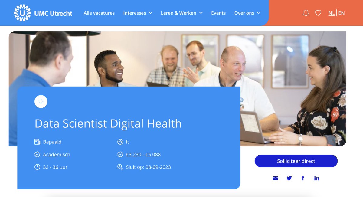 🚨 JOB ALERT 🚨

The Digital Health team <a href="/umcutrecht/">UMC Utrecht</a> is looking for a data scientist to help with all the steps towards implementing AI in the hospital
werkenbijumcutrecht.nl/vacatures/it/d… <a href="/ilse_kant/">Ilse Kant</a>