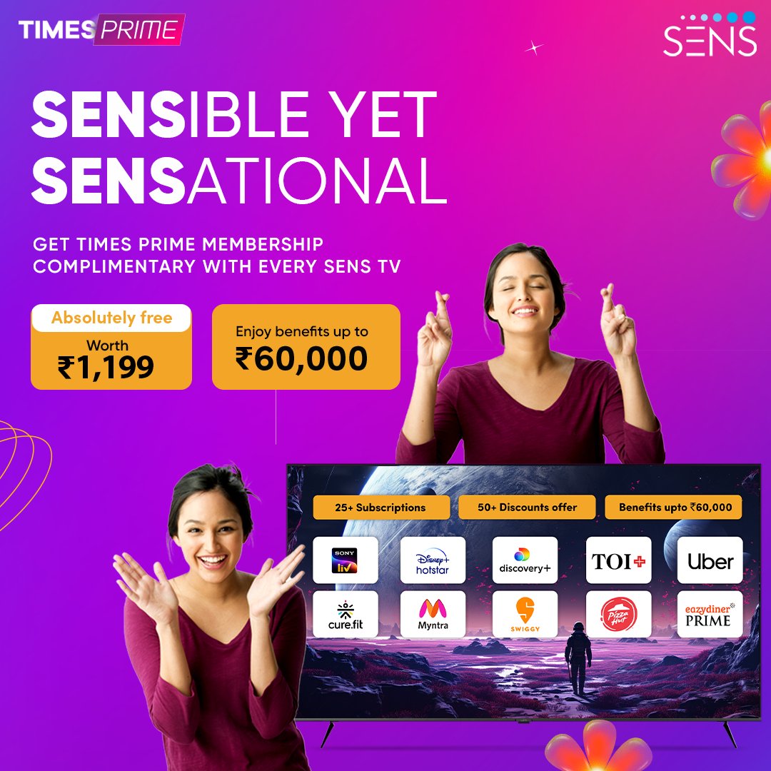 Unlock endless entertainment with a SENS TV and elevate your experience with a free Times Prime membership - double the joy, one unbeatable offer!

Shop Now on Flipkart!

#SENS #LetTVsMakeSENS #TimesPrime #OfferAlert