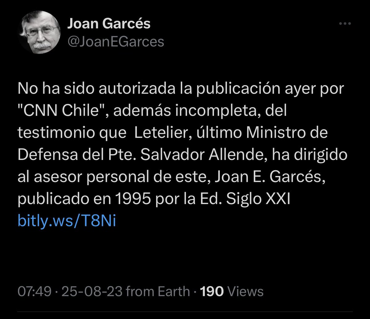 🔴 Jurista español, asesor del Presidente Salvador Allende y querellante detrás del arresto de Augusto Pinochet en Londres, @JoanEGarces, señala que el medio @CNNChile no fue autorizado a emitir registro del exministro Orlando Letelier.