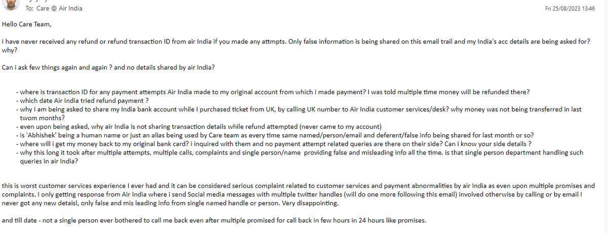 AjayV_'s tweet image. @airindia @DGCAIndia @RNTata2000 @TataCompanies  - TICKET no: 098 2160819823 - never refunded even after 2 plus months and multiple complaints, someone from care named Abhishek always providing false misleading info. last complaint ref - 21525607 and last email, disappointing..