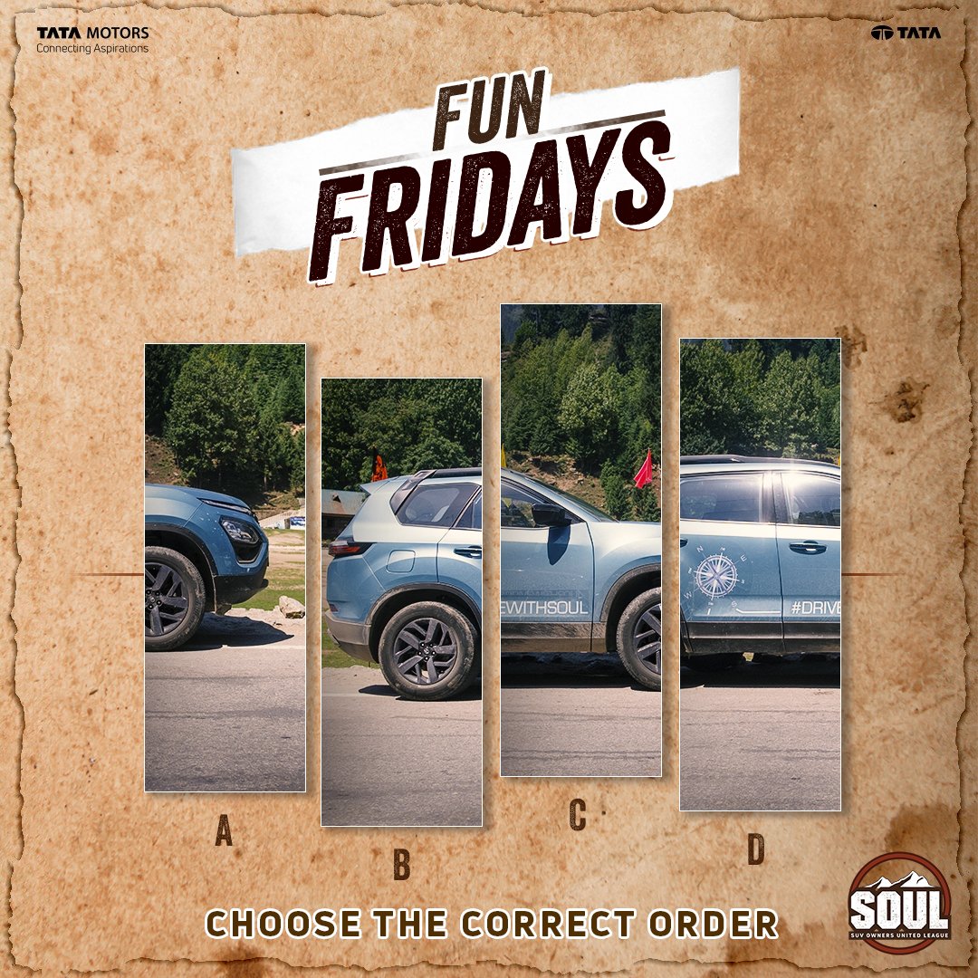 Place the pieces in their correct order! 🔍🧩​

​Comment the right answers below. ​

​#DriveWithSOUL #ConnectWithSOUL #FunFridays #TataHarrier #TataSafari #Quiz #TataMotorsPassengerVehicles