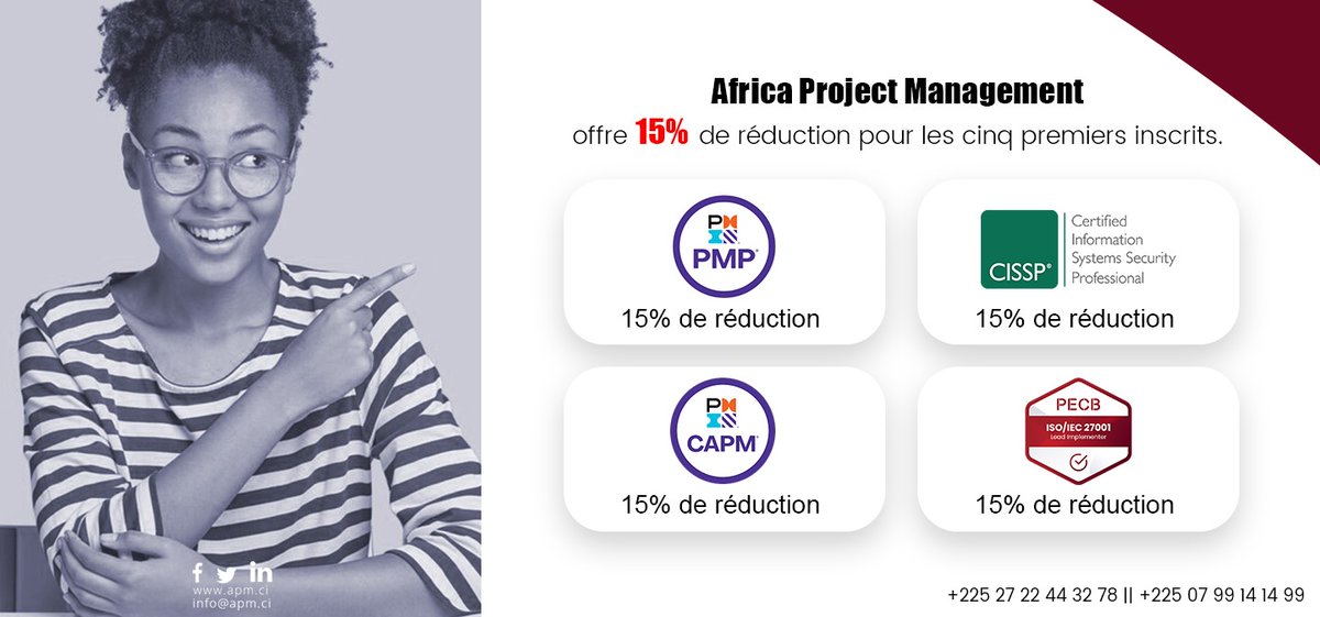 APM_CI's tweet image. É𝐜𝐨𝐧𝐨𝐦𝐢𝐬𝐞𝐳 𝟏𝟓% 𝐬𝐮𝐫 𝐧𝐨𝐬 𝐅𝐨𝐫𝐦𝐚𝐭𝐢𝐨𝐧𝐬 𝐏𝐌𝐏®, 𝐂𝐀𝐏𝐌®, 𝐂𝐈𝐒𝐒𝐏® 𝐞𝐭 𝐈𝐒𝐎 𝟐𝟕𝟎𝟎𝟏 ! 𝐋𝐞𝐬 𝟎𝟓 𝐏𝐫𝐞𝐦𝐢𝐞𝐫𝐬 𝐈𝐧𝐬𝐜𝐫𝐢𝐭𝐬 𝐆𝐚𝐠𝐧𝐞𝐧𝐭 ! 
Inscrivez vous et Économisez ! urlz.fr/nkEY
Deadline : 10 Septembre 2023