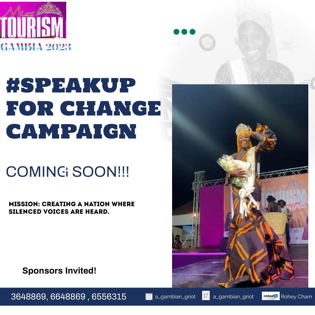 As the crowned queen of Miss Tourism Gambia 2023, my role includes creating solutions for problems affecting Gambian society. As a result, I am using my crown to advocate for victims of Sexual and Gender-Based Violence by setting up the #speakupforchange campaign.
