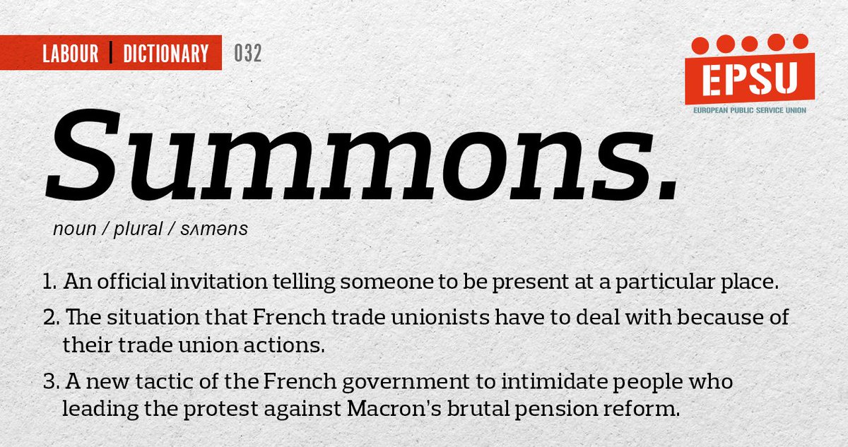 EPSUnions's tweet photo. Today is #LabourDictionary day 🎉
French workers are facing despicable attacks on essential rights - @FNMECGT leader @Seb_Menesplier has been summoned by French police.
Here we explain what summons is. And how useless it is when it comes to intimidating us!
#Solidarity! https://t.co/6nfv6CXlp5