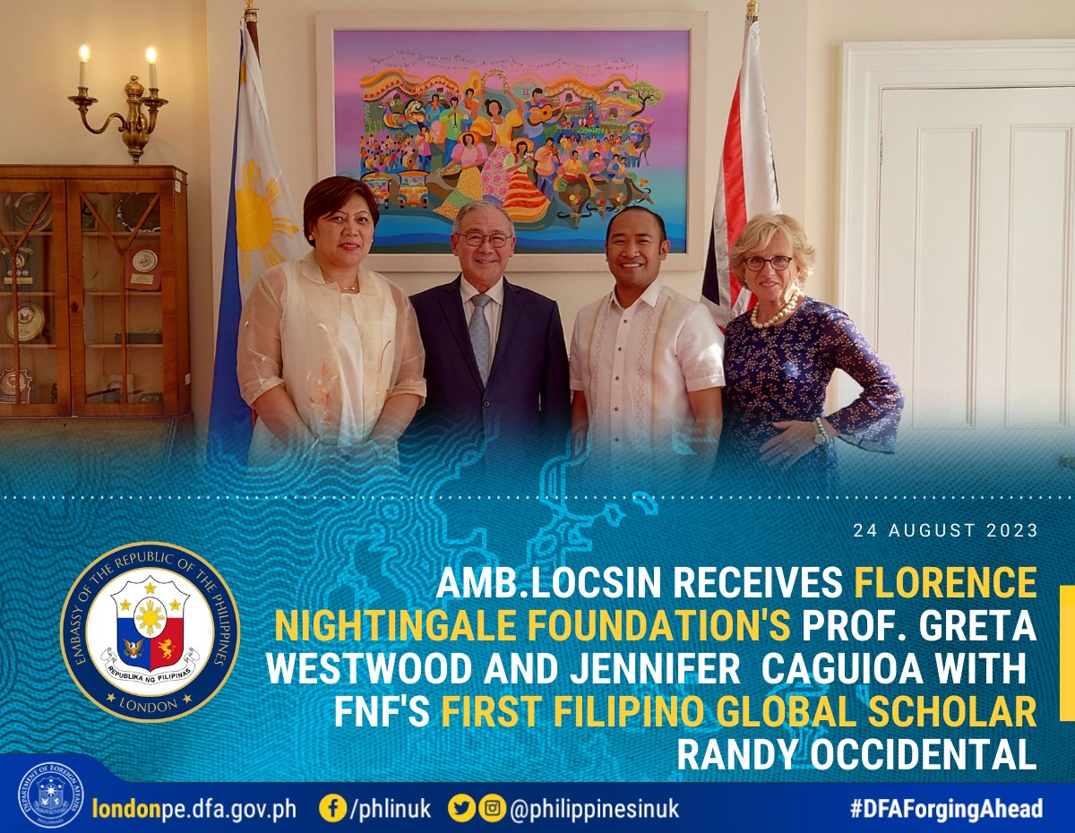 philippinesinuk's tweet photo. Florence Nightingale Foundation (FNF) CEO Prof. Greta Westwood and Head of Global Jennifer Caguioa, herself a Filipino nurse, recently paid a courtesy call on Ambassador Teodoro Locsin, Jr., @teddyboylocsin  together with FNF's first Filipino Global Scholar Randy Occidental (1/2) https://t.co/9p8T3RwY5p