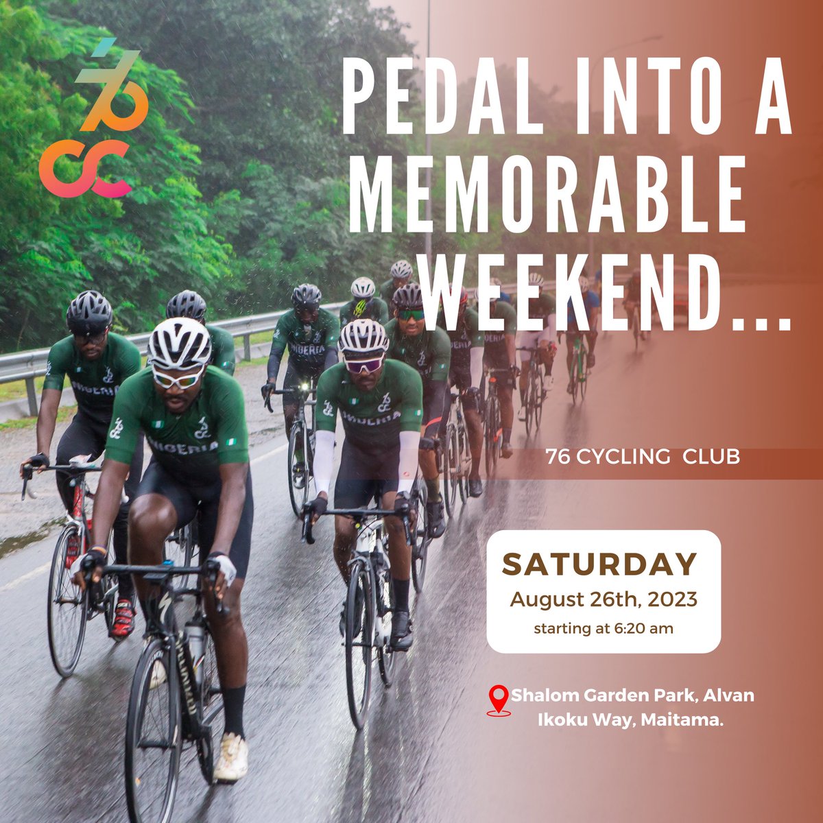 Pedal into a memorable weekend with 76 Cycling Club. Let us prowl the wide streets of Abuja on wheels together 🚴🏿‍♀️🚴🏿‍♂️🚴

#LetUsRoll