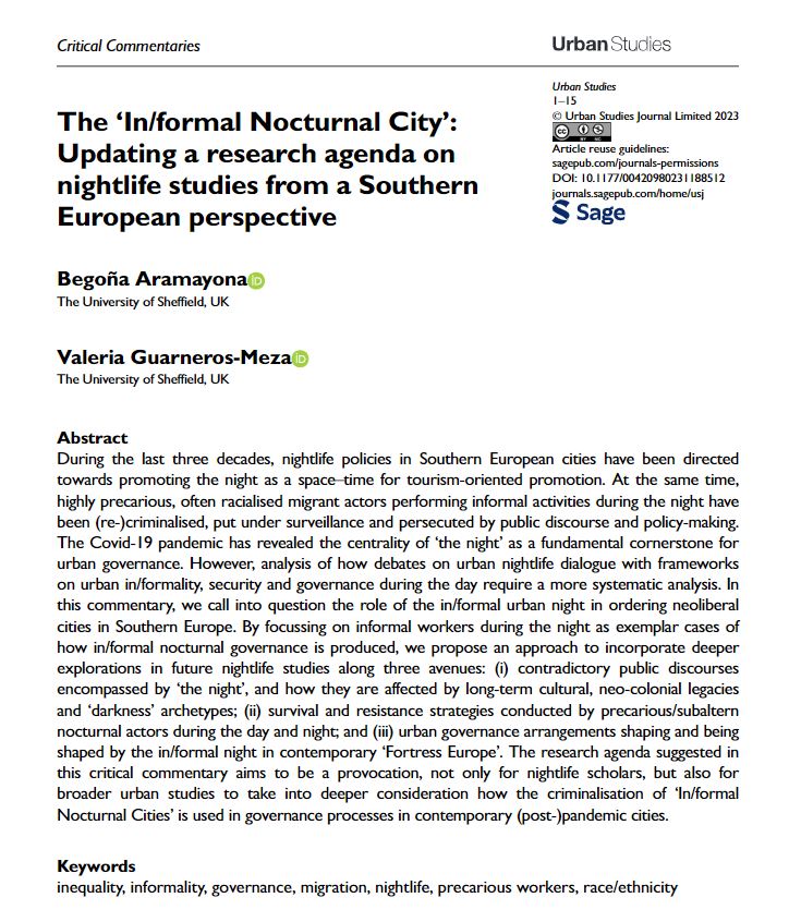 USJ_online's tweet image. In their new Open Access #CriticalCommentary paper, @BegoAramayona and @valguarn call into question the role of the in/formal urban night in ordering neoliberal cities in Southern Europe. 
ow.ly/Qixw50PBTCB
#informality #inequality