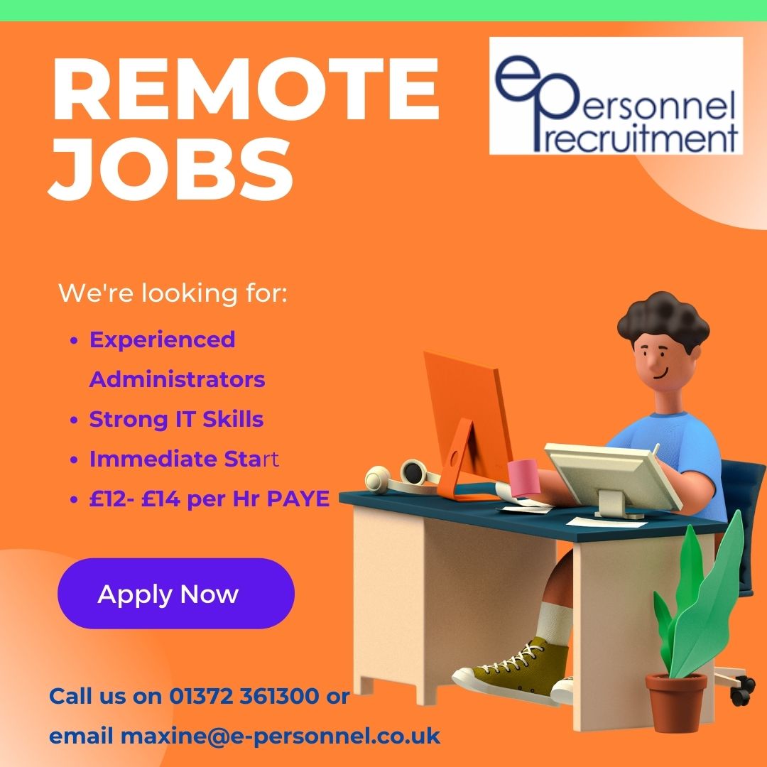 We have Remote roles for strong Administrators - so call us now 
#remotejobs #surreyjobs #findthatjob #recruitment
01372 361300 or email info@e-personnel.co.uk