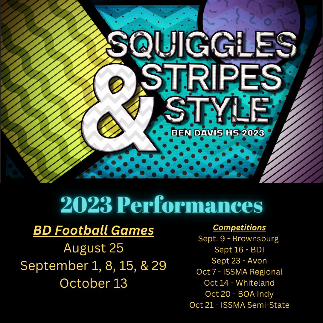 The Ben Davis Marching Giants are proud to present their 2023 production, Squiggles, Stripes, and Style! Inspired by the Memphis Group, an iconic pop art collective, the Marching Giants will bring an aesthetically vibrant and musically thrilling show to a field near you!