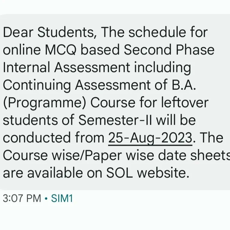 DUSOLOfficial's tweet photo. The schedule for online MCQ based 🌟Second Phase Internal Assessment🌟 including Continuing Assessment of B.A. (Prog) Course for leftover students of Semester-II will be conducted from 25-Aug-23. 

https://t.co/R57lhRv0B7

#internal #Assignments #phase2 #mcq #baprogram #DU #SOL https://t.co/OFTTu5NO6O