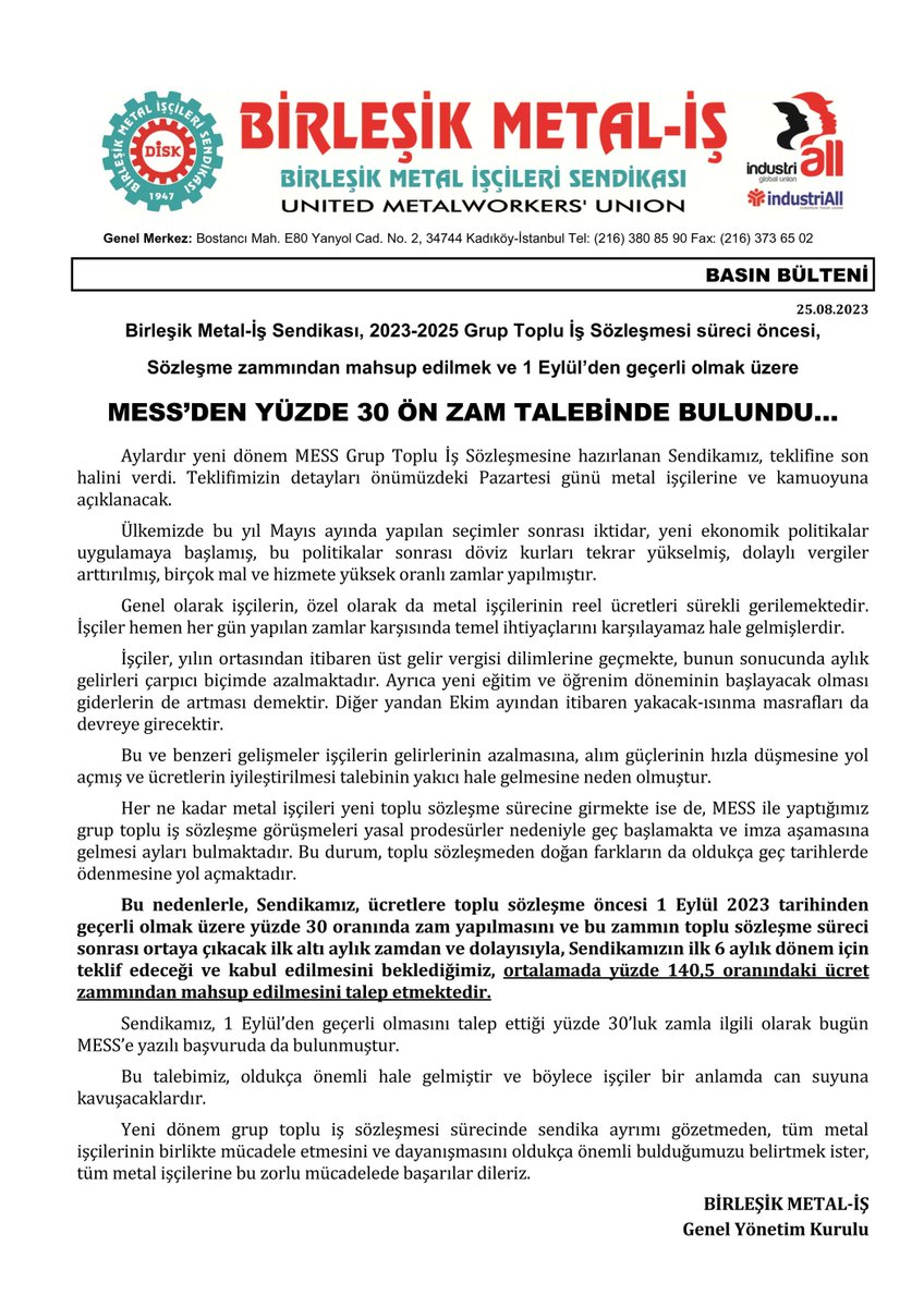 BirlesikMetal's tweet photo. Birleşik Metal-İş Sendikası, 2023-2025 Grup Toplu İş Sözleşmesi süreci öncesi, Sözleşme zammından mahsup edilmek ve 1 Eylül’den geçerli olmak üzere
MESS’DEN YÜZDE 30 ÖN ZAM TALEBİNDE BULUNDU https://t.co/PKbTYVBS9N