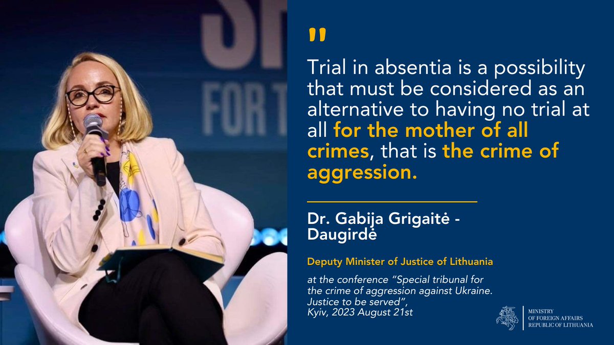 'A proper punishment for Putin is an international fully-fledged int'l criminal tribunal' stated Deputy Minister of Justice of 🇱🇹 Gabija Grigaitė-Daugirdė at the int'l conference “Special tribunal for the crime of aggression against #Ukraine”. Key remarks➡️lnkd.in/drU8RmMJ