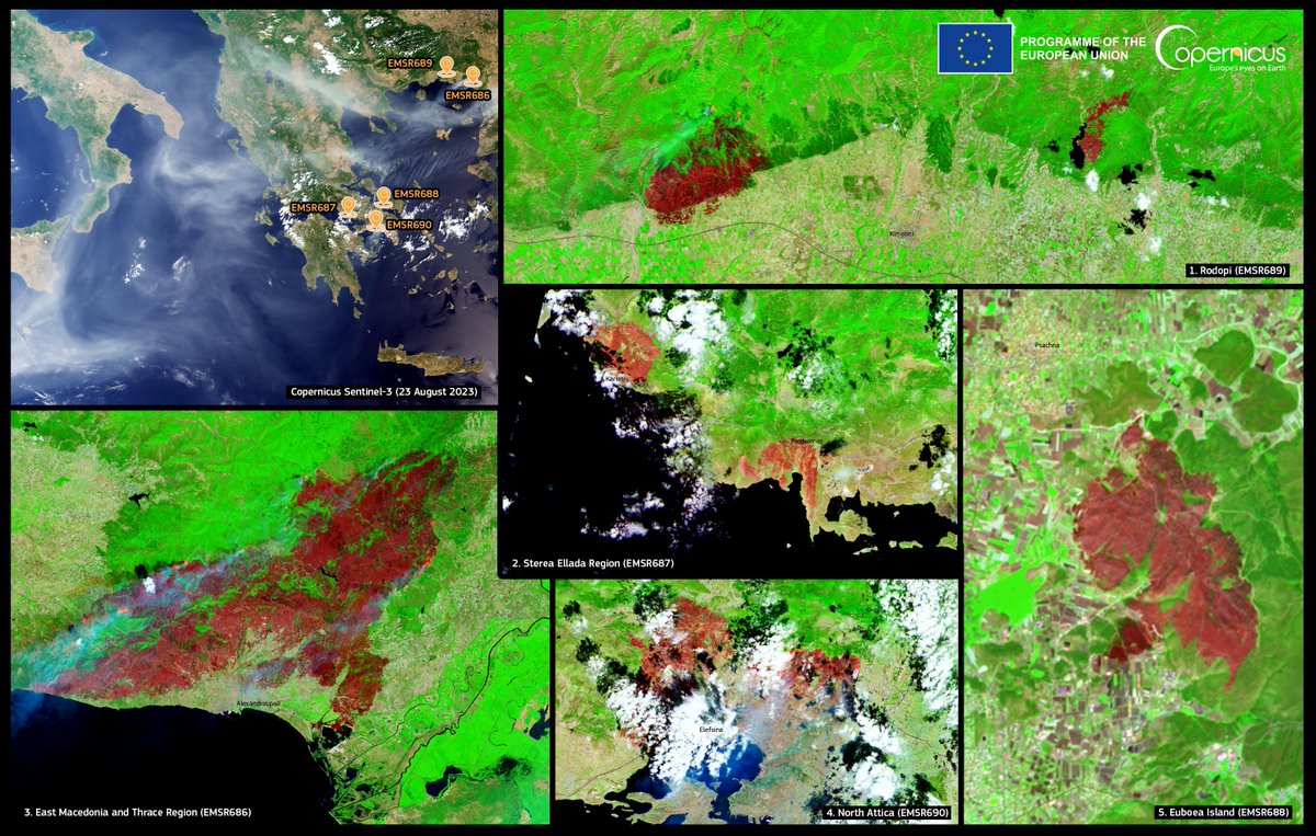 #ImageOfTheWeek

Greece is again plagued by #wildfires

Our #Copernicus #Sentinel🇪🇺🛰️ are delivering #OpenData allowing us to visualise the dramatic situation, while @CopernicusEMS is working 24/7 to support emergency response efforts

#EMSR686
#EMSR687
#EMSR688
#EMSR689
#EMSR690