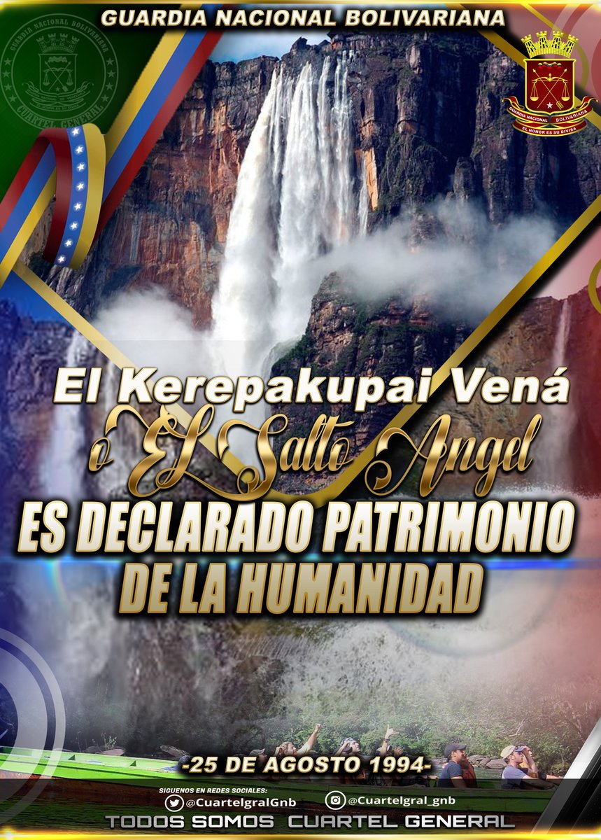 CuartelGralGNB (@cuartelgralgnb) on Twitter photo #25Ago año 1994, el Salto Ángel es Declarado Patrimonio de la Humanidad por la Unesco, es la catarata más alta del mundo, con una altura de 979 metros y está ubicado en el Parque Nacional Canaima.
.<a href="/GnbGaranteDePaz/">GNB Garantía de Paz!!!</a> #25Ago año 1994, el Salto Ángel es Declarado Patrimonio de la Humanidad por la Unesco, es la catarata más alta del mundo, con una altura de 979 metros y está ubicado en el Parque Nacional Canaima.
.<a href="/GnbGaranteDePaz/">GNB Garantía de Paz!!!</a>