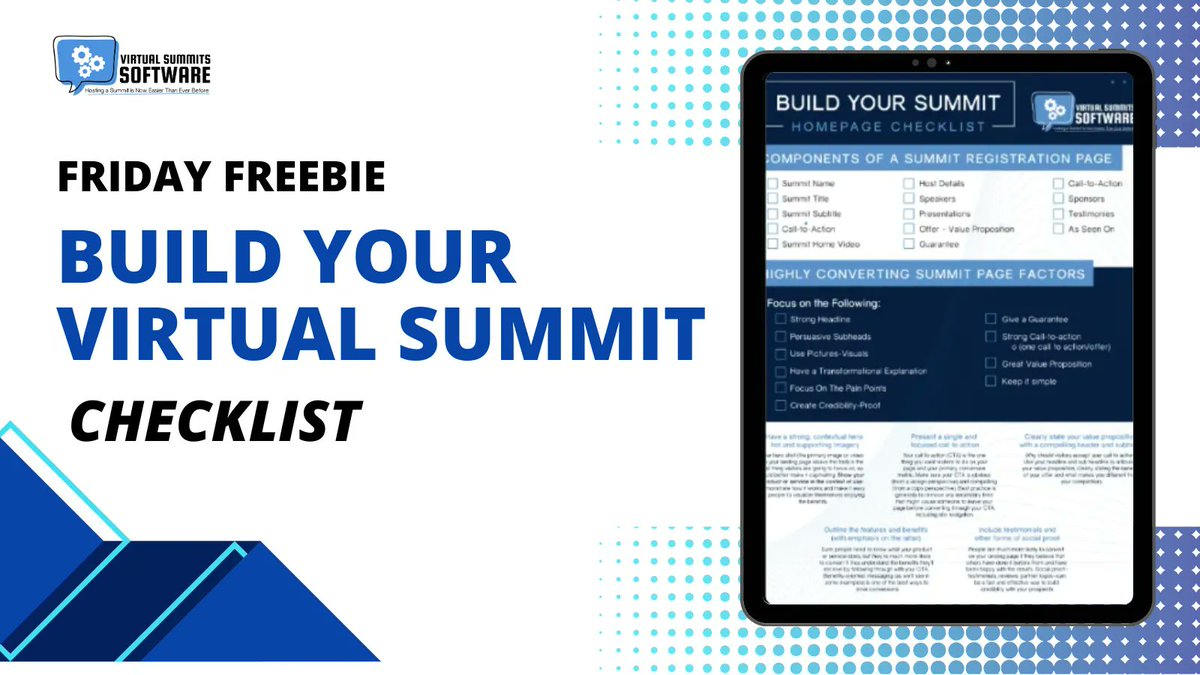 VirtualSummits's tweet photo. Mark off every critical element on your Summit Registration page as you go, ensuring nothing is missed. 🎯Discover 7-figure business tips and key insights to supercharge your summit. Maximize your conversion rate with our Build Your Summit Checklist!>>> https://t.co/61sdh497QH https://t.co/RFzq7kS8hE