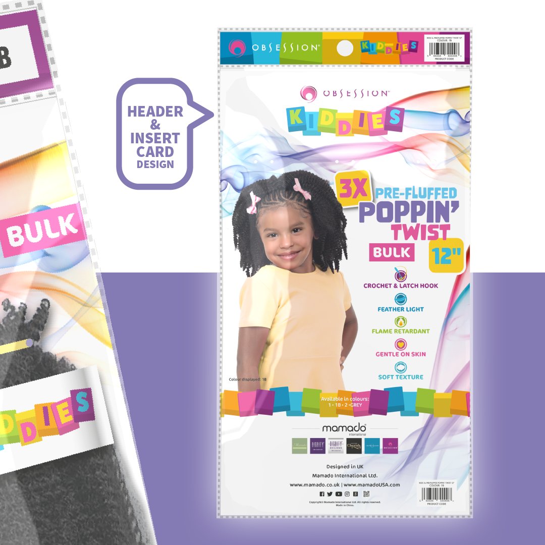 Fun #packaginggraphics #design project by us for Obsession hair.
Keeping up with the trend of hair braids for children, the new product graphics for these pre-fluffed poppin' twists are bright and colourful with definite eye-appeal.
 #hairbraids #kidshairbraids #poppintwist