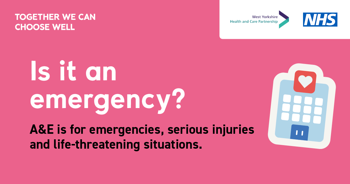 Support the NHS by making the right choice when you need health and care services. 

A&amp;E is for emergencies, serious injuries and life-threatening situations. 

111.nhs.uk is for urgent medical advice.

Find out when to go to A&amp;E: togetherwe-can.com/when-to-visit-…
