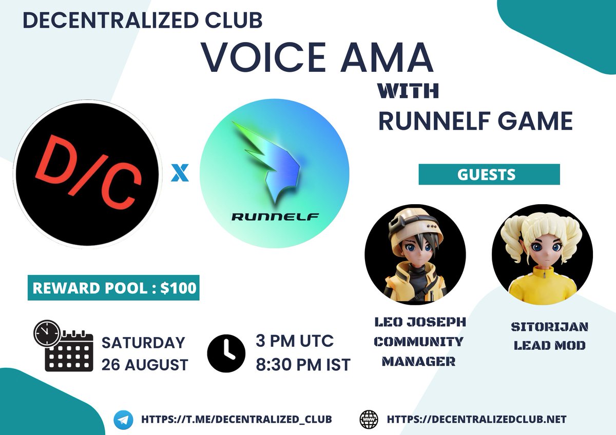 dens_club's tweet photo. DC Presenting an Voice #AMA🎉

📌 Venue : https://t.co/5b2oGGVkql
⏰ When : 26th August 3pm UTC 
🤑 Reward : $100

10 winners will get $10 each
Twitter (5) &amp; Live asking (5)

1⃣ Follow @runnelfgame
2⃣ Like &amp; RT &amp; Tag 3 Friends 
3⃣ Post your questions. https://t.co/g2ClVJTnez
