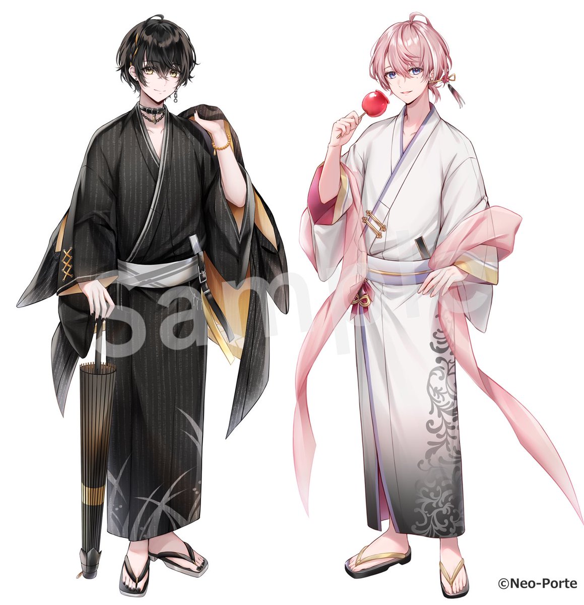 multiple boys 2boys sample watermark pink hair japanese clothes kimono black kimono  illustration images
