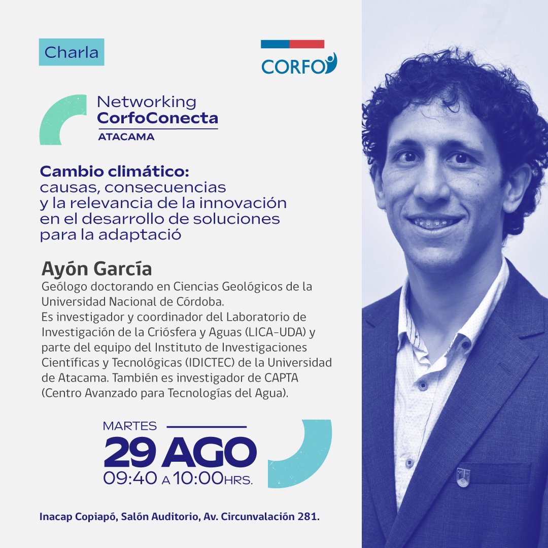 CorfoAtacama's tweet photo. ¿Ya te inscribiste para participar en #CorfoConecta Atacama? Conoce a quienes nos acompañarán en esta gran jornada donde abordaremos los desafíos en torno a la sostenibilidad y el combate de los efectos socioambientales del cambio climático. Inscríbete 👉https://t.co/2FYGebP0VY https://t.co/tKO2VoilMd