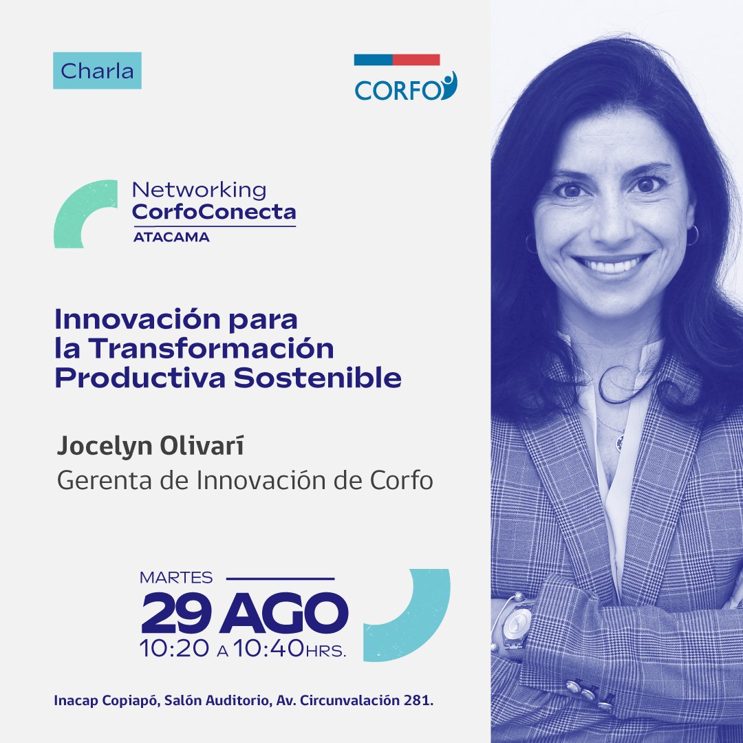 CorfoAtacama's tweet photo. ¿Ya te inscribiste para participar en #CorfoConecta Atacama? Conoce a quienes nos acompañarán en esta gran jornada donde abordaremos los desafíos en torno a la sostenibilidad y el combate de los efectos socioambientales del cambio climático. Inscríbete 👉https://t.co/2FYGebP0VY https://t.co/tKO2VoilMd